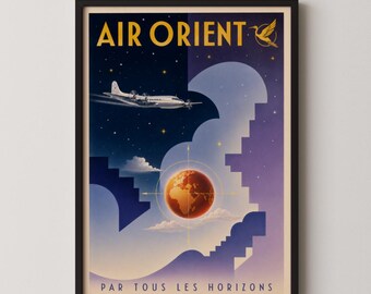 Art Deco Aviation Poster: Vintage French Airline Globe Aeroplane Illustration, Retro Travel Wall Art, Bedroom or Living Room Home Decor Gift