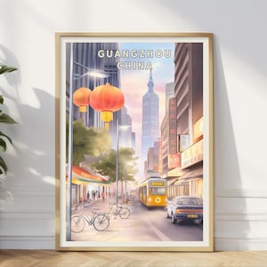 Guangzhou China Poster, Urban Street Scene Print, Chinese Lantern Wall Art, Cityscape Travel Decor, Asia Skyline Office, Tram Illustration