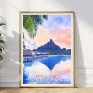 Póster de Bora Bora, Polinesia Francesa, impresión de bungalows en una isla tropical, ilustración de viaje a la laguna, decoración costera paradisíaca, oficina en casa