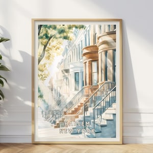 Affiche Harlem NYC, impression maison en rangée Brownstone, art mural architecture New York, paysage urbain, décoration de salon ou de bureau, impression étude