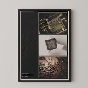 May include: A framed wall art print featuring a black background with a subtle embossed circuit board pattern. It displays three photographic panels showing gold-toned microchip components and circuitry, with the text FUJISAWA DENSHI SEIMITSU HANDOTAI DIVISION printed in white at the bottom left.