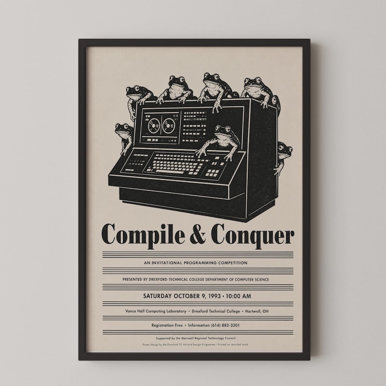 Computer Programming Poster: Coding Competition, Frog Art, Vintage Computer Print, Coder Office Wall Art Home Decor