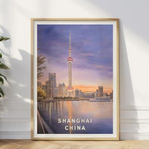 Shanghai China Poster, Oriental Pearl Tower Wall Art, Modern City Print, Pudong Skyline Sunset, Chinese Urban Decor, Travel Illustration