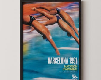 Vintage Swimming Sports Poster: 90s Barcelona Mediterranean Games Print, Retro Athletic Art, Gym or Bedroom Wall Art Home Decor Gift