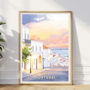 Póster de Faro, Portugal, arte del casco antiguo al atardecer, impresión de ciudad costera europea, arte mural de viajes, decoración del Algarve, vacaciones en Europa, impresión para oficina en casa