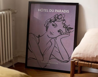 Hôtel du Paradis Poster: Retro French Figure Sketch Print, Vintage Haute Fashion Chic Wall Art, Feminine Bedroom Apartment Living Room Decor