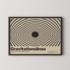 May include: A framed poster featuring a beige background with black concentric, wavy lines radiating from a central black circle. The text reads Gravitationslinse, Licht folgt der Krümmung der Raumzeit, and Das Licht entfernter Sterne wird durch die Masse eines Vordergrundobjekts abgelenkt und verstärkt.