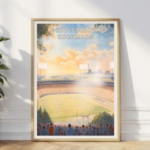 Póster del Estadio de Ohio en Columbus, arte mural de fútbol americano universitario, decoración de estadios deportivos, impresión de la Universidad Estatal de Ohio, regalo para el día del partido, sala de estar y oficina.
