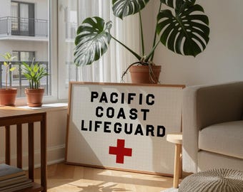 Pacific Coast Lifeguard Poster: Retro Ocean Beach Typography Print, Minimalist Coastal Wall Art, Surf Bedroom Bathroom Living Room Decor