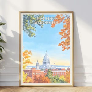 Madison Wisconsin Poster, Kapklemme Gebäude Wandkunst, Midwest Herbst Landschaft Druck, Herbst Themen Stadt, Rustikale Wohnkultur, Büro Reisegeschenk