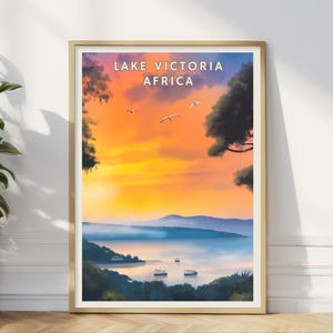 Póster del lago Victoria de África, arte con vista al lago al atardecer, impresión de paisaje africano, decoración de naturaleza serena, arte mural de viajes, regalo para dormitorio y sala de estar