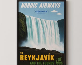Reykjavik Iceland Poster: Vintage Airline Waterfall Fjord Travel Illustration, Retro Scandinavian Art, Bedroom or Living Room Home Decor