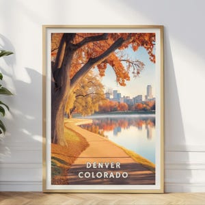 Denver Colorado Poster, Stadt Skyline Wandkunst, Herbst Park Spiegelung Druck, Colorado Reise Dekor, Urban Natur Szene, Haus Büro Kunst
