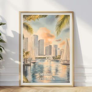Miami Florida Poster, Skyline Stadtbild, Küsten bei Sonnenuntergang Wandkunst, Tropisches Segeln Dekor, Strand Reisegeschenk, Home Office Druck