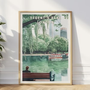 Póster de Regent's Park, Londres, impresión de paisaje urbano sereno, arte vintage de un lago navegable, decoración de pared de mediados de siglo, escena de naturaleza urbana, regalo para el hogar y la oficina.