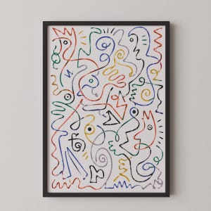 May include: A framed wall art print featuring a white background with a dense collection of colourful, hand-drawn style abstract lines and shapes in red, blue, green, yellow, and black, forming various interconnected, whimsical, and organic patterns.