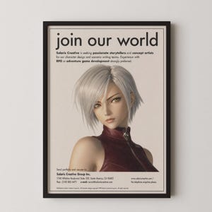 Peut inclure: Une affiche de recrutement encadrée intitulée join our world présentant une illustration numérique d'une personne aux cheveux argentés courts et aux yeux ambrés portant un vêtement rouge foncé à col haut avec des détails de contact Solaris Creative.