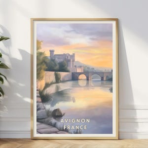 Póster de Aviñón, Francia, arte mural de un castillo medieval, escena de un río al atardecer, impresión de un paisaje francés, decoración de arquitectura histórica, arte para el hogar y la oficina.