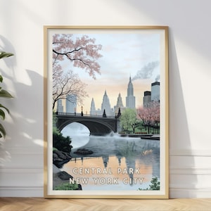Affiche de Central Park à New York, cerisiers en fleurs printaniers, impression de la ligne d&#39;horizon de New York, art du pont de Manhattan, décoration murale de salon bureau à domicile