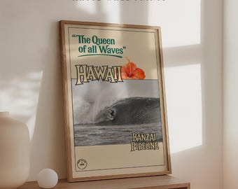 Retro Hawaii Surf Poster:  Vintage Banzai Pipeline Wave Art Print, North Oahu 90s Surfing Photography, Coastal Gallery Wall, Hippy Decor