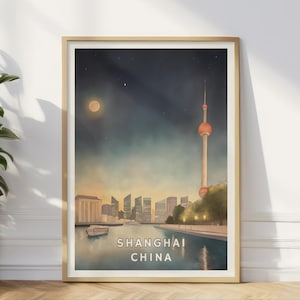 Shanghai China Poster, Oriental Pearl Tower at Night, City Wall Art, Modern Skyline Print, Huangpu River Illustration, Asian Travel Decor