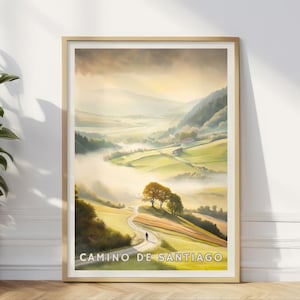 Pôster do Caminho de Santiago, Impressão da Trilha de Peregrinação Espanhola, Presente de Viagem Espiritual de Rolling Hills, Arte de Parede para Caminhadas, Decoração de Paisagem Rural