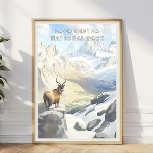 Póster del Parque Nacional de Sagarmatha: Íbice del Himalaya, arte de picos nevados
