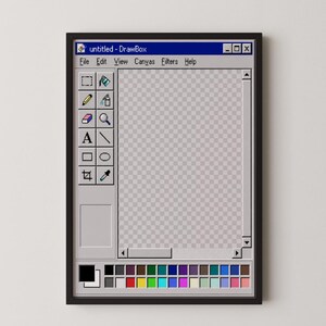 May include: A framed wall art print featuring a retro computer graphics software interface titled DrawBox. The design includes a toolbar with icons for drawing tools, a large checkered canvas area, and a color palette at the bottom in a gray window.