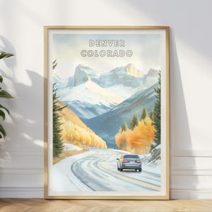 Denver Colorado Poster, Rocky Mountain Road Trip Kunst, Verschneite Landschaftsfahrt, Herbst Espen Bäume, USA Reise Dekor, Hütte Wandkunst
