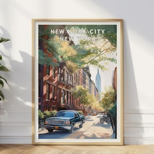 New York City Poster, NYC Brownstone Street Wall Art, Landscape Print, Empire State Building Decor, Watercolor Illustration, Home Office