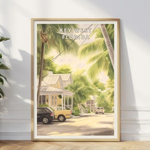 Key West Florida Poster, Tropical Street Scene Wall Art, Coastal Florida Home Decor, Palm Tree Landscape Print, Beach House Living Room Art