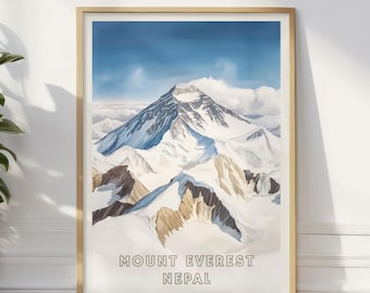 Mount Everest Nepal Poster, Himalayan Mountain Print, Adventure Climbing Wall Art, Snowy Peak Decor, Travel Office Home Cabin Lodge Gift