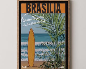 Brazil Surf Poster: Retro Vintage Brasilia Tropical Surfboard Beach Print, Classic South America Travel Art, Surfer Bedroom or Home Decor