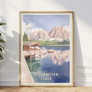 Póster de los Dolomitas de Italia, arte mural de lago alpino, impresión de paisaje de montaña, decoración de viajes por Italia, arte natural, impresión de cabaña rústica