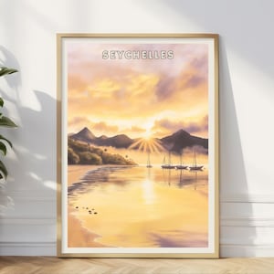 Póster de atardecer en Seychelles, arte mural de isla tropical, impresión de paisaje de playa dorada, decoración de veleros al anochecer, hogar costero del océano Índico