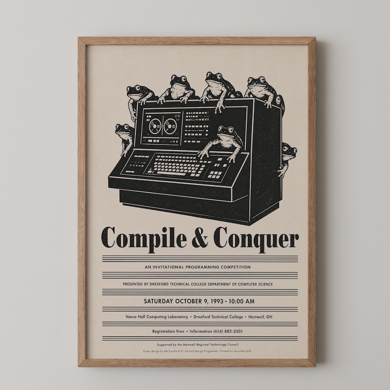 Computer Programming Poster: Coding Competition, Frog Art, Vintage Computer Print, Coder Office Wall Art Home Decor