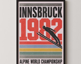 Vintage Ski Jump Poster: Innsbruck 1980s Alpine Championship Retro Sports Print, Distressed Winter Art, Ski Chalet or Bedroom Wall Art Gift