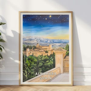 Alhambra Spain Poster, Granada Castle Wall Art, Historic Palace Print, Andalusia Landscape Decor, Spanish Architecture, Moorish Illustration
