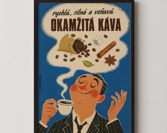European Coffee Poster: Vintage Czech Retro Coffee Ad Illustration, Mid Century Eastern Europe Cafe Wall Art, Kitchen Dining Room Home Decor