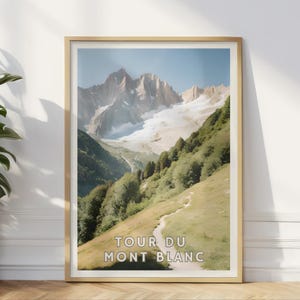 Arte mural del Tour du Mont Blanc, impresión de sendero alpino, aventura de senderismo en los Alpes franceses, decoración natural, póster de paisaje suizo