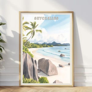 Póster de playa de Seychelles, arte mural de isla tropical, impresión de costa de arena blanca, decoración de viaje al océano Índico, paisaje paradisíaco para sala de estar