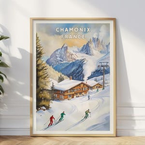 Chamonix France Ski Poster, Alpine Winter Resort Wall Art, Snowy Mountain Landscape Print, Ski Lodge Decor, Travel Adventure Gift
