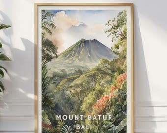 Mount Batur Bali Poster, Tropical Landscape Wall Art, Bali Volcano Print, Jungle Travel Decor, Southeast Asia Nature Art, SE Asia Adventure