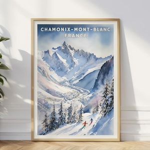 Chamonix Mont Blanc Poster, French Alps Skiing Wall Art, Winter Mountain Landscape Print, France Travel Decor, Alpine Adventure Artwork