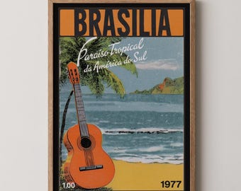 Brasilia Poster: Brazilian Tropical Beach Guitar Illustration, Retro Bossa Nova Music Travel Wall Art, Bedroom or Living Room Home Decor
