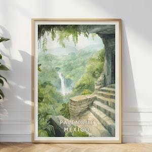 Palenque Mexico Poster, Mayan Ruins Art, Tropical Jungle Print, Ancient Civilization Decor, Mexico Travel Illustration, Archaeology Gift
