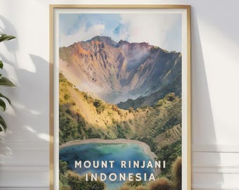 Mount Rinjani, Lombok Indonesia Poster, Art Print Travel Wall Decor, Gift, Mountaineering Hiking Mountain, Vintage Nature Home Decor, Nature