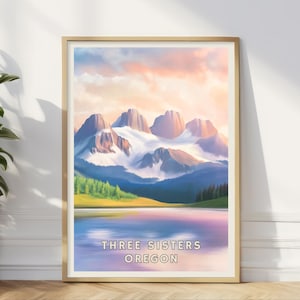 Three Sisters Oregon Poster, Cascade Mountains Wall Art, Snowy Pacific Northwest USA Decor, Nature Print, Home Office Adventure Gift Artwork