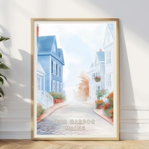 Poster di Bar Harbor, Maine, Scena di strada di una città del New England, Arte murale di architettura costiera, Stampa di viaggio autunnale, Decorazione per ufficio in casa in riva al mare