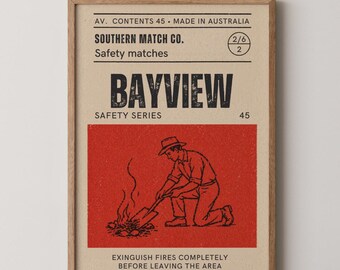 Vintage Matchbox Poster: Retro Australian Safety Match Label Outback Campfire Print, Graphic Wall Art, Kitchen or Living Room Home Decor